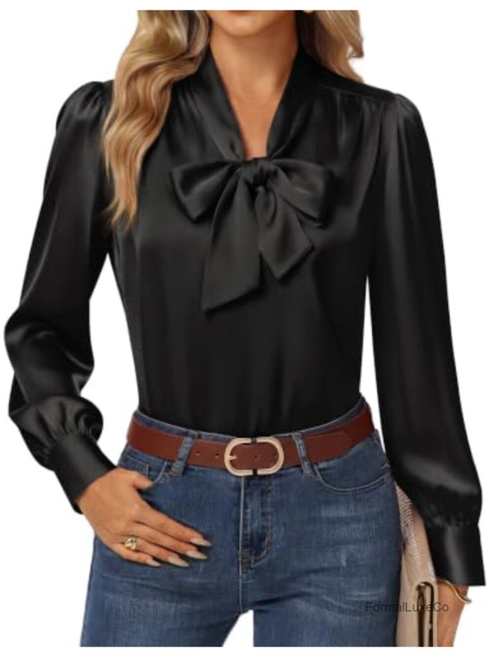 Satin Bow Tie Neck Long Sleeve Blouse Women Elegant Silk Shirt